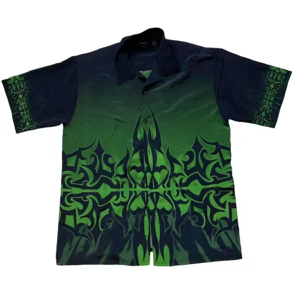 Amplify Vintage 2000s y2k Green Black Tribal Button Shirt Men's XL